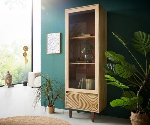 Vitrína Budaya 60x165 cm mango prírodná 2 dvierka podstava štvorcová