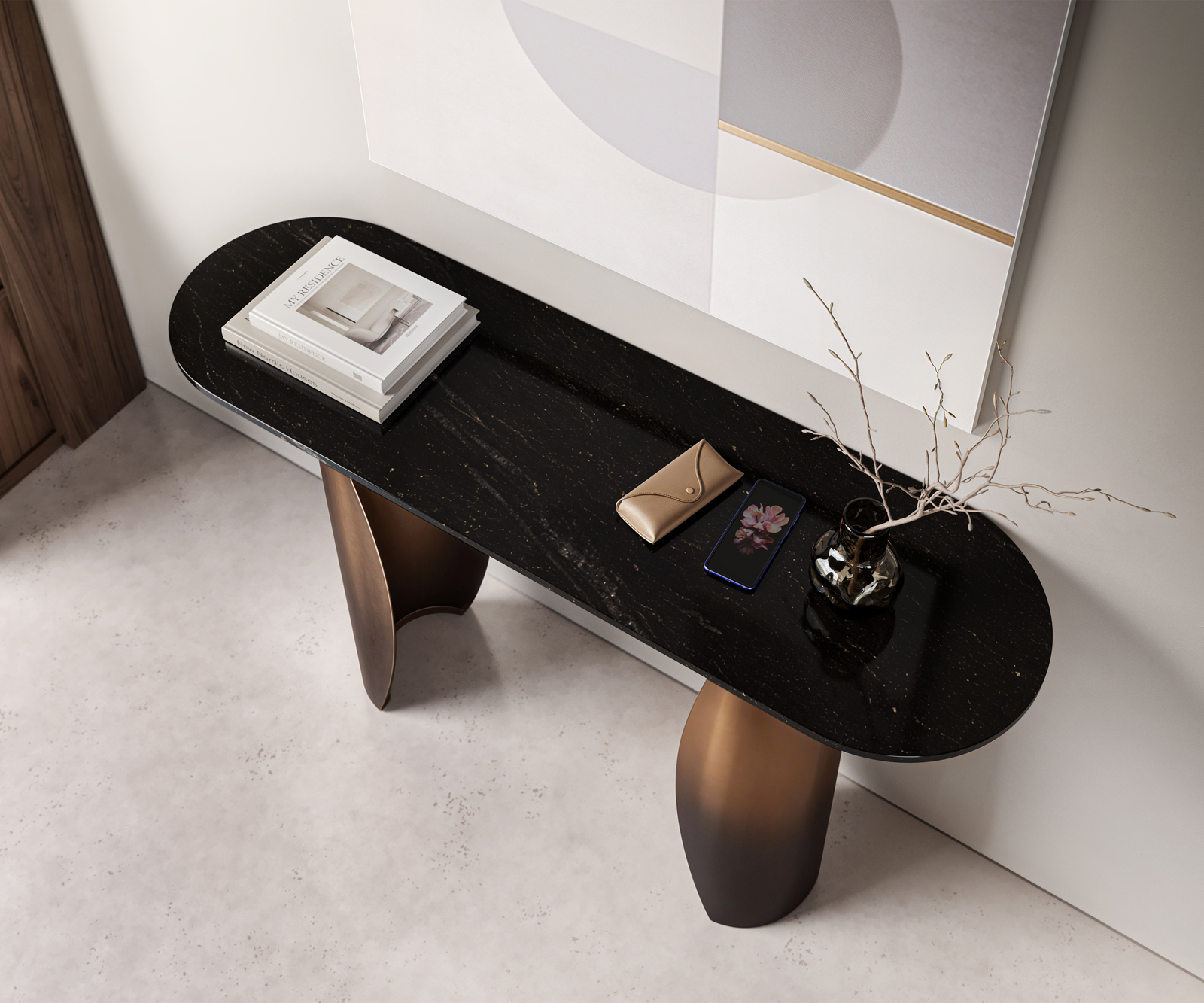 Konzolový stolík Solena 135x40 cm mramor čierna strieborná kov zlatá Fusion povrchová úprava - Image 4