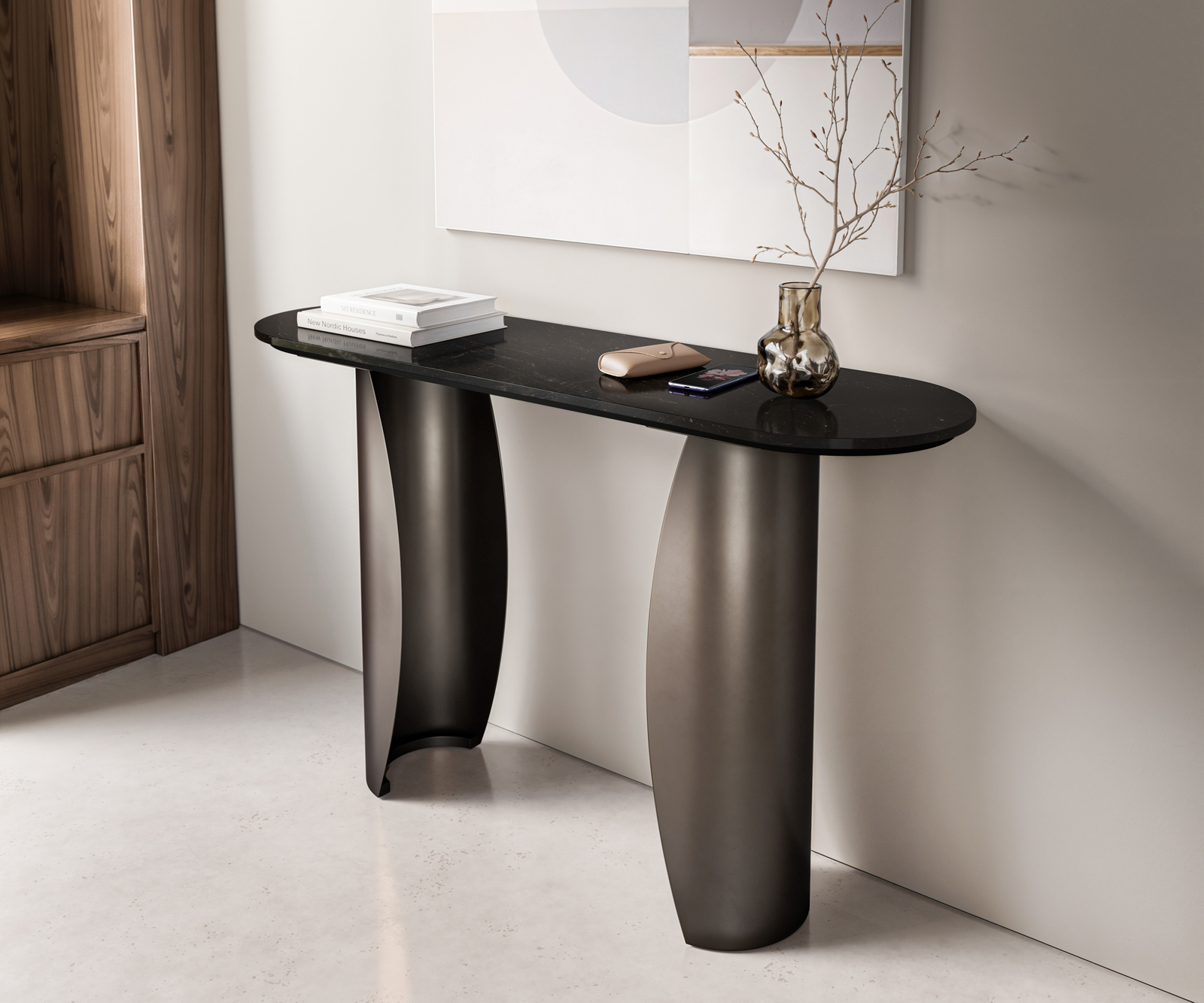 Konzolový stolík Solena 135x40 cm mramor čierna strieborná kov čierna vintage