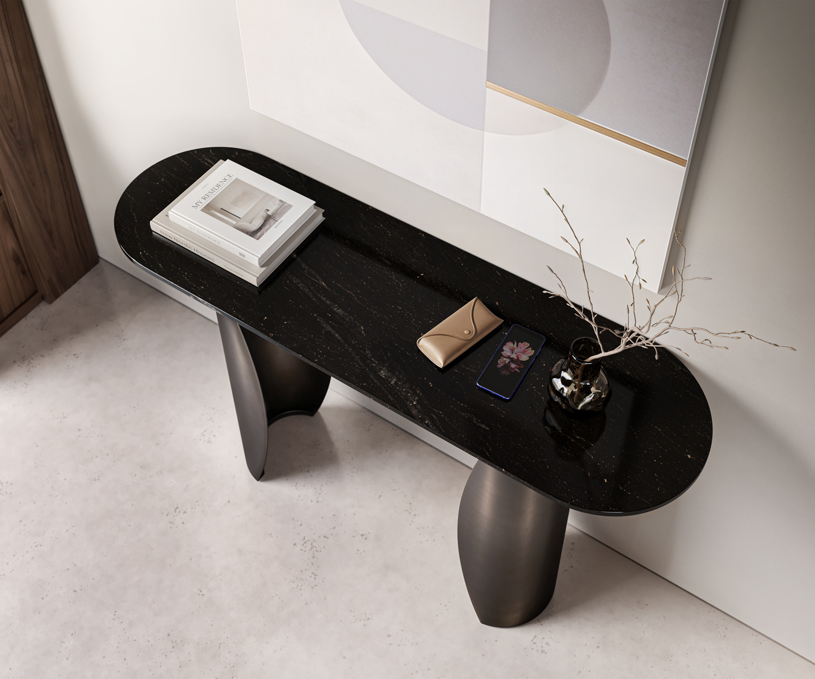 Konzolový stolík Solena 135x40 cm mramor čierna strieborná kov čierna vintage - Image 4