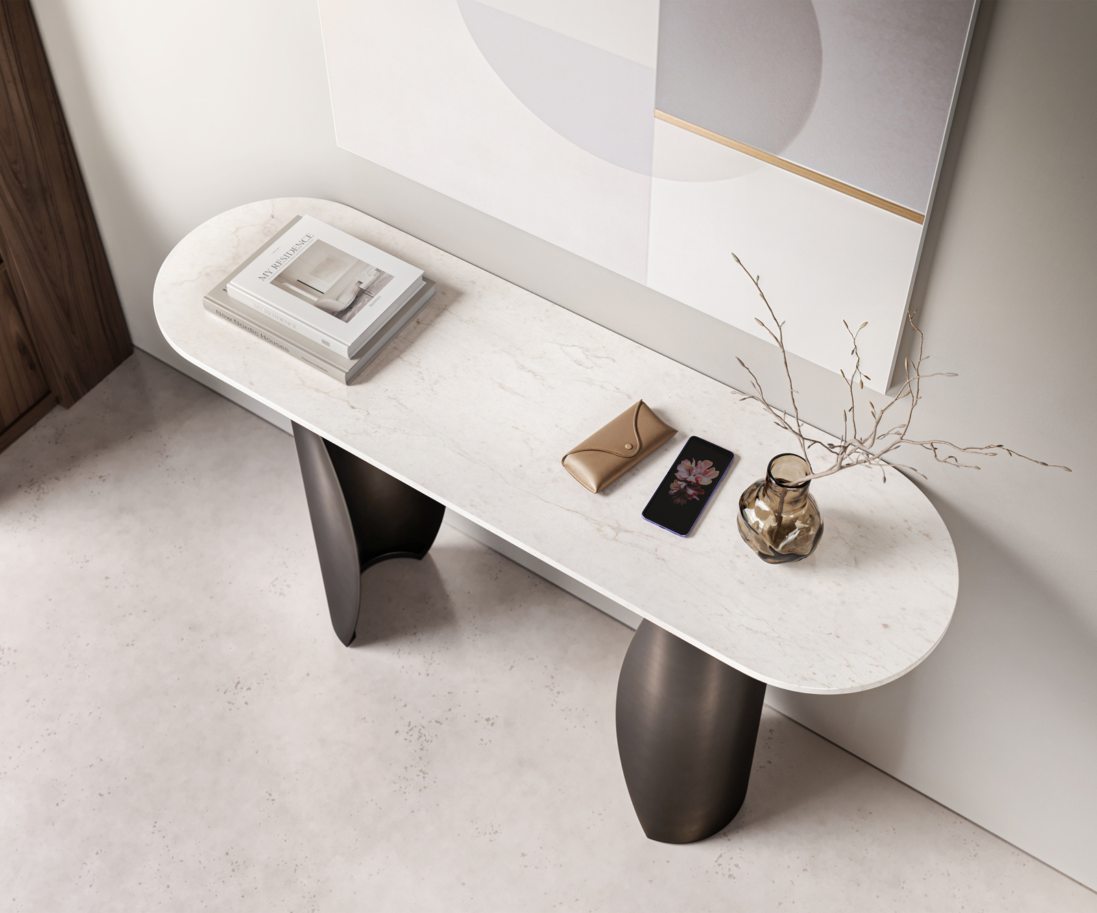 Konzolový stolík Solena 135x40 cm mramor biela kov čierna vintage - Image 4