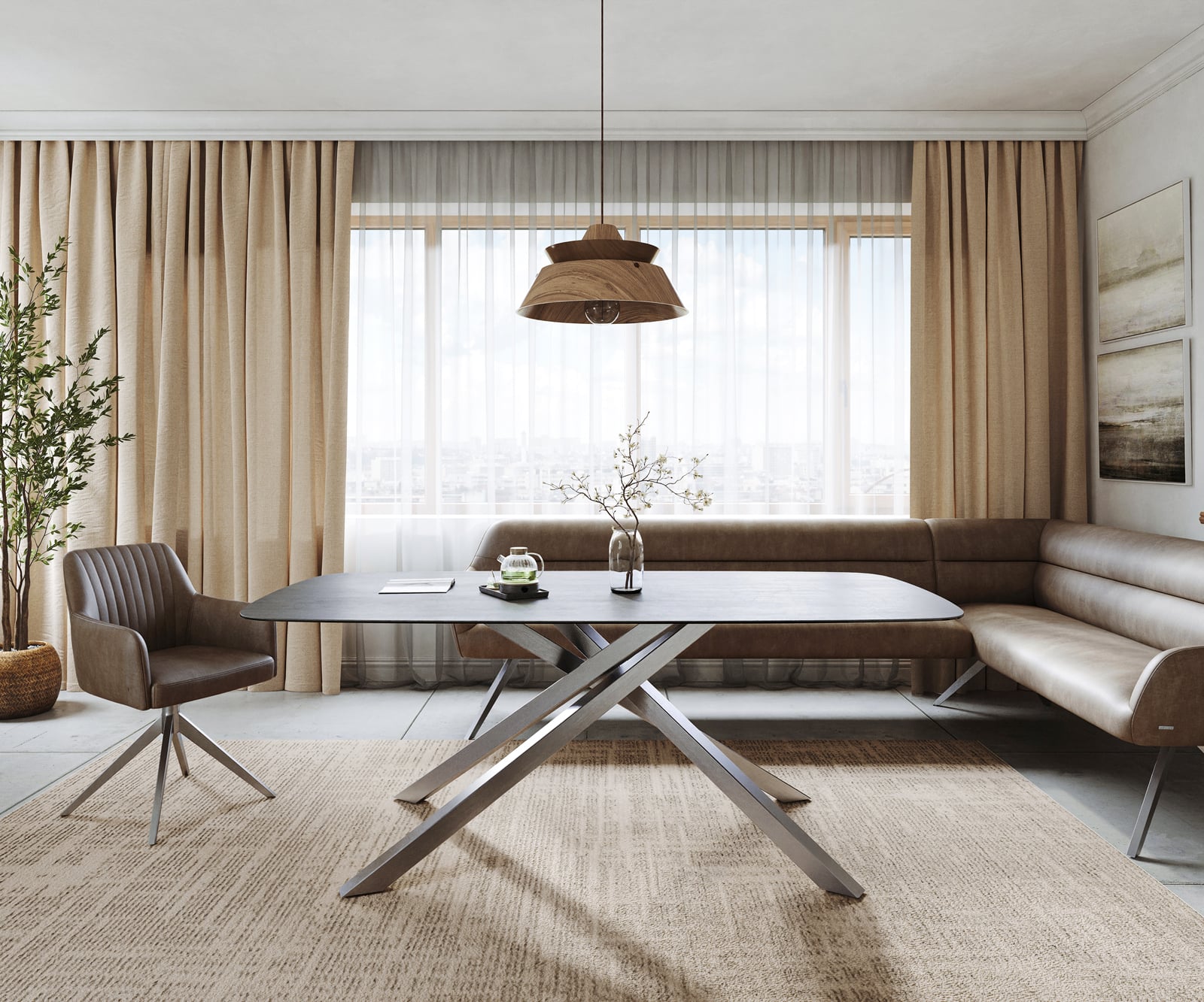 Jedálenský stôl Edge zaoblený 200x100 cm keramika betónová sivá krížová podstava obdĺžniková nerezová oceľ - Image 2