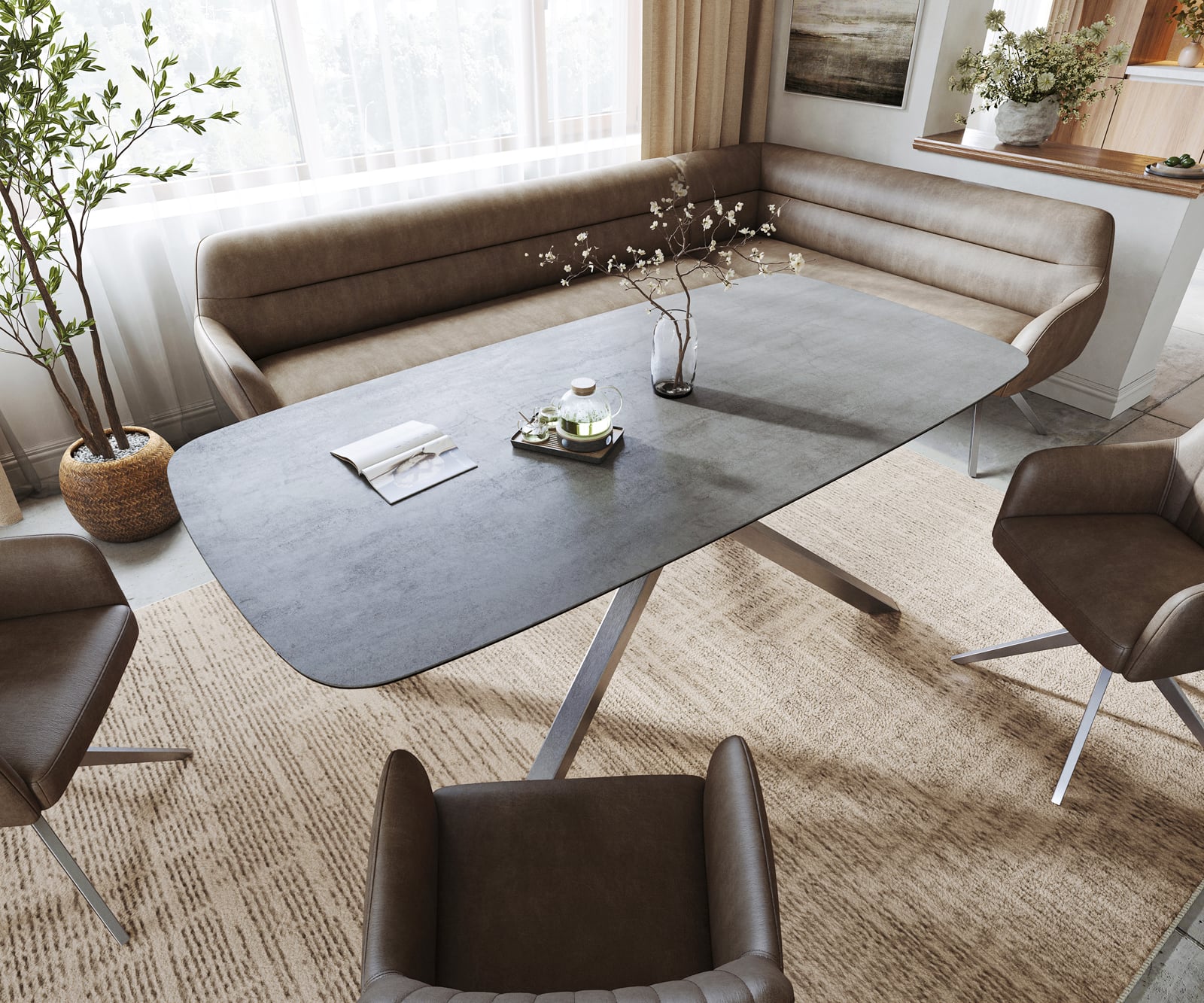 Jedálenský stôl Edge zaoblený 200x100 cm keramika betónová sivá krížová podstava obdĺžniková nerezová oceľ - Image 4