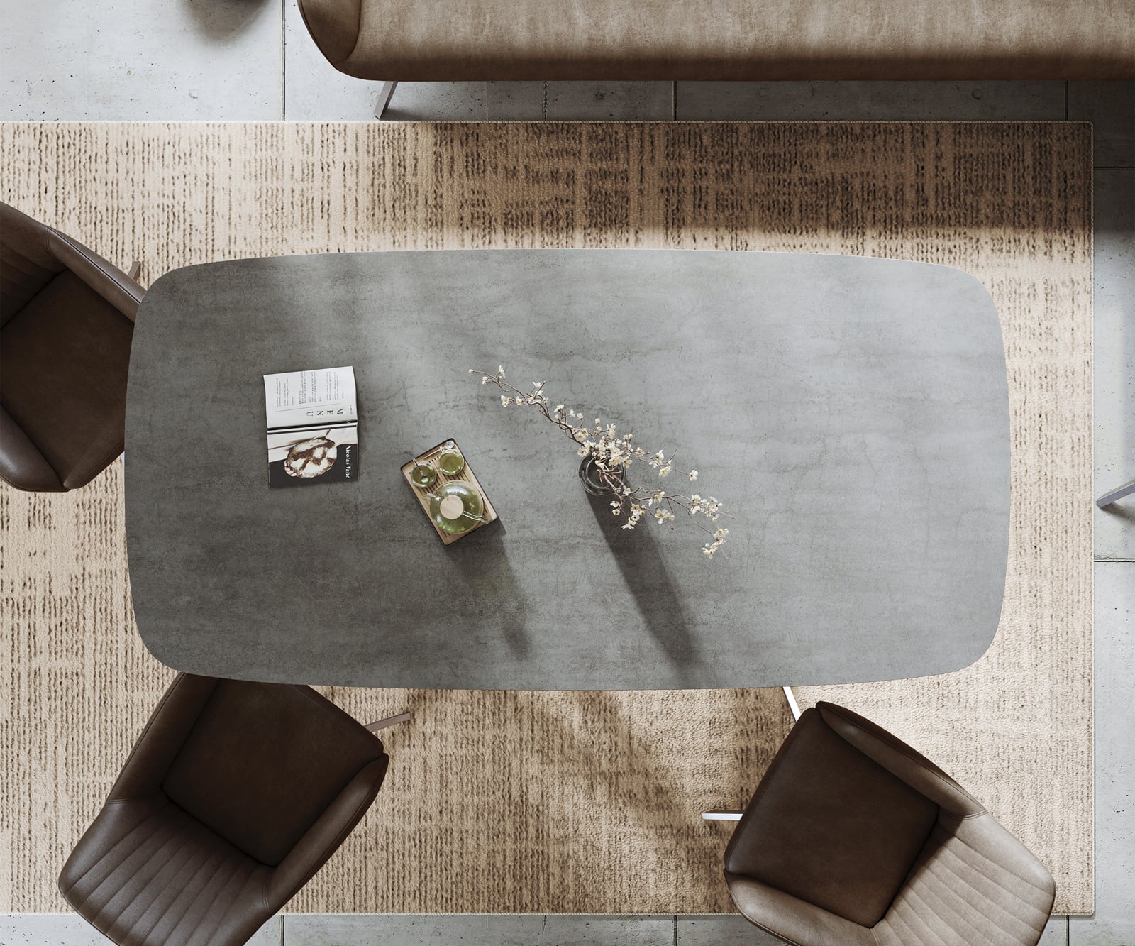 Jedálenský stôl Edge zaoblený 200x100 cm keramika betónová sivá krížová podstava obdĺžniková nerezová oceľ - Image 6