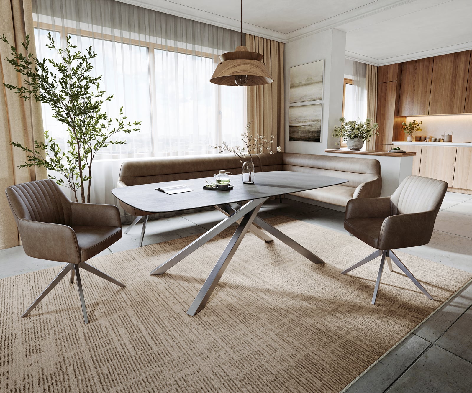 Jedálenský stôl Edge zaoblený 200x100 cm keramika betónová sivá krížová podstava obdĺžniková nerezová oceľ - Image 7