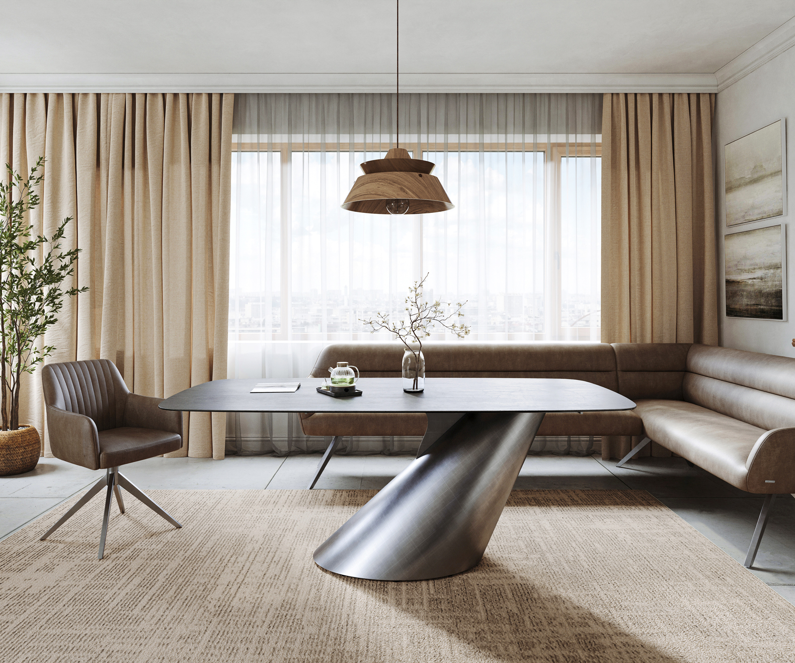 Jedálenský stôl Edge zaoblený tvar 200x100 cm keramika betónová sivá Cono metalická strieborná - Image 2