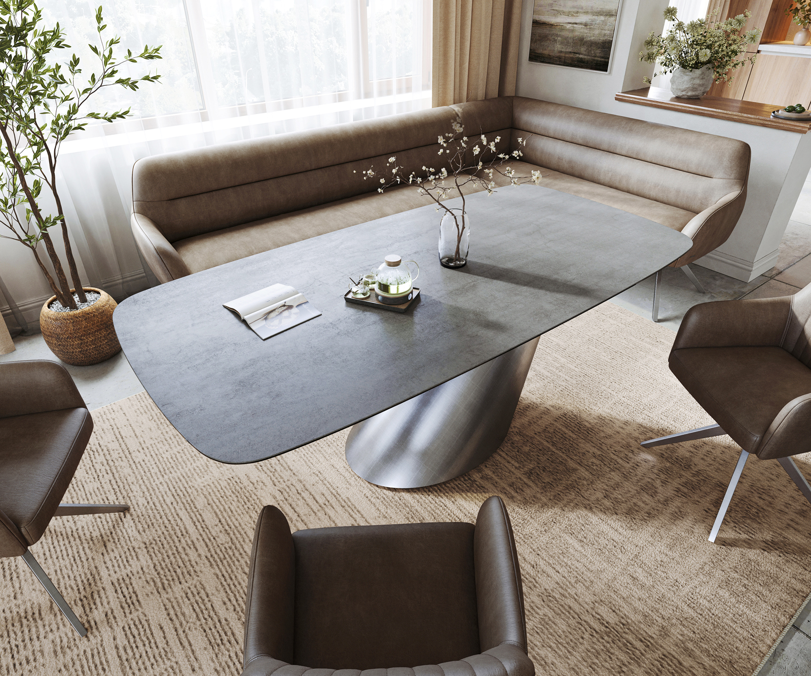 Jedálenský stôl Edge zaoblený tvar 200x100 cm keramika betónová sivá Cono metalická strieborná - Image 4