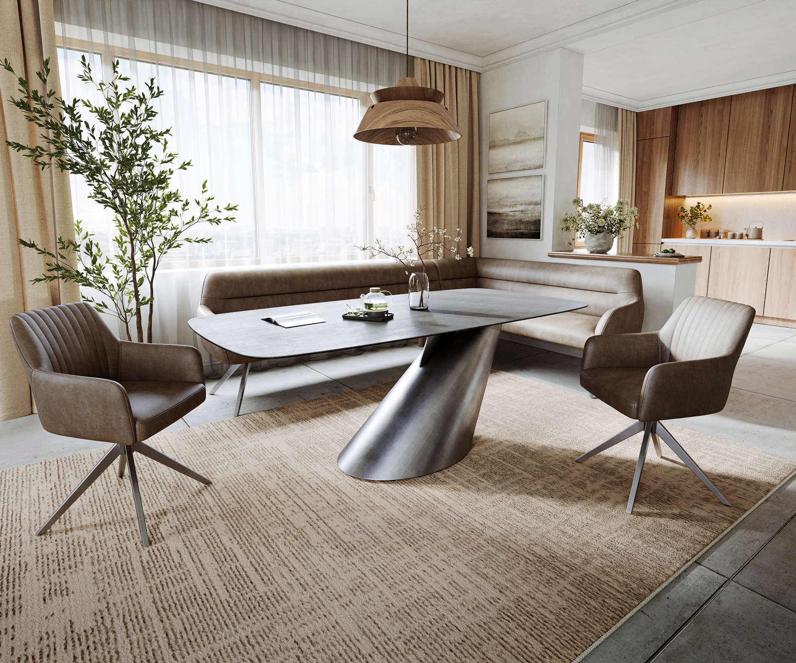 Jedálenský stôl Edge zaoblený tvar 200x100 cm keramika betónová sivá Cono metalická strieborná - Image 7