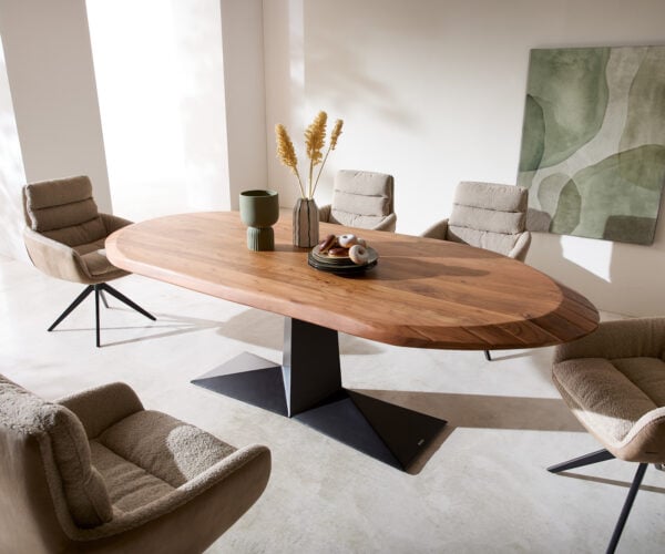 Jedálenský stôl Aithon 240×105 cm akácia hnedá kovová podstava čierna oválny