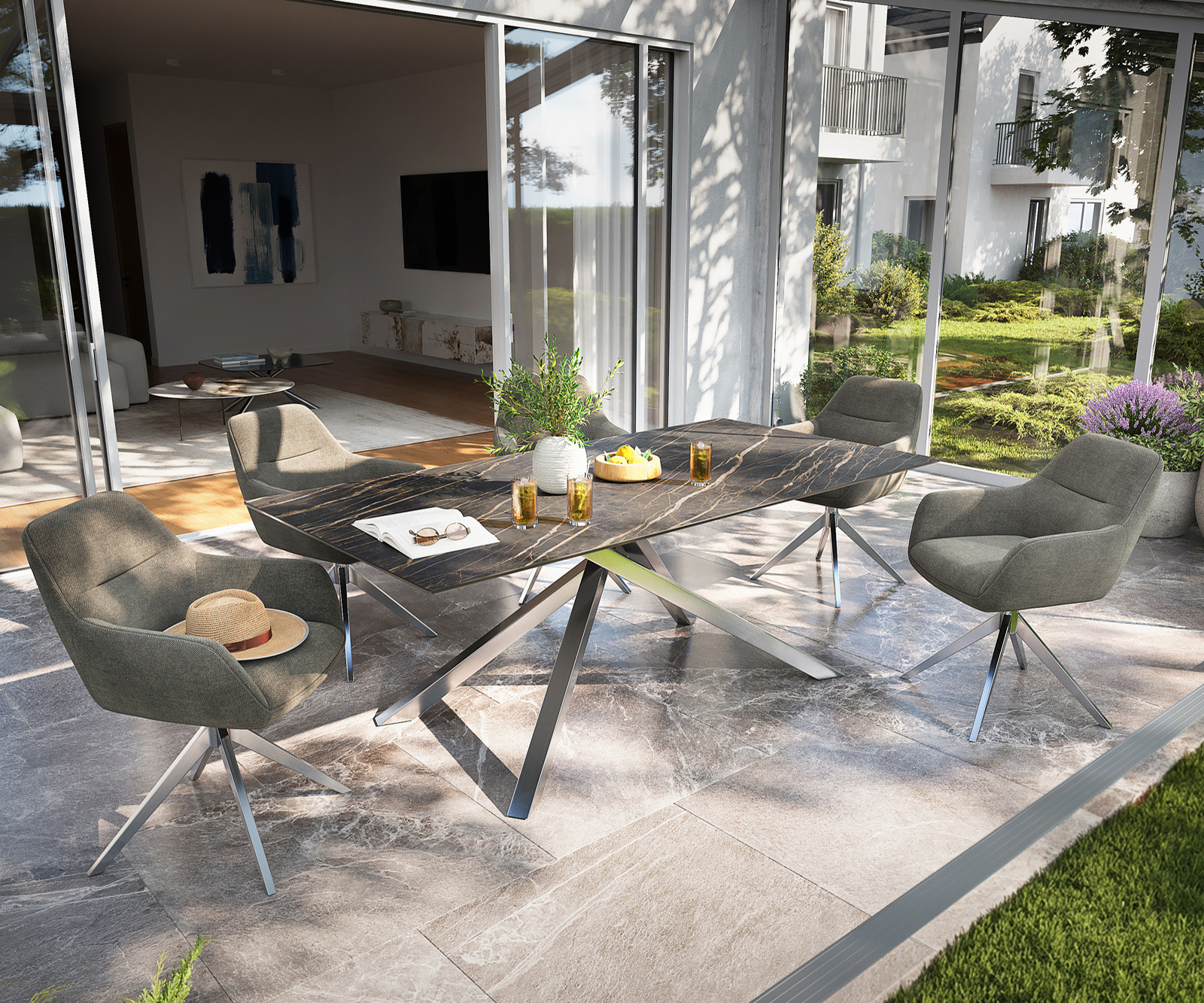 Záhradný jedálenský stôl Edge 200x100 cm keramika Laminam® Noir Desir hnedá krížová podstava obdĺžnik čierna