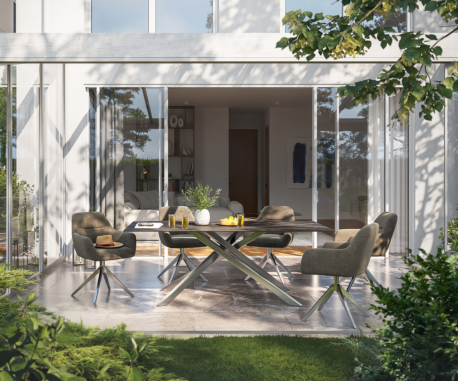 Záhradný jedálenský stôl Edge 200x100 cm keramika Laminam® Noir Desir hnedá krížová podstava obdĺžnik čierna - Image 2