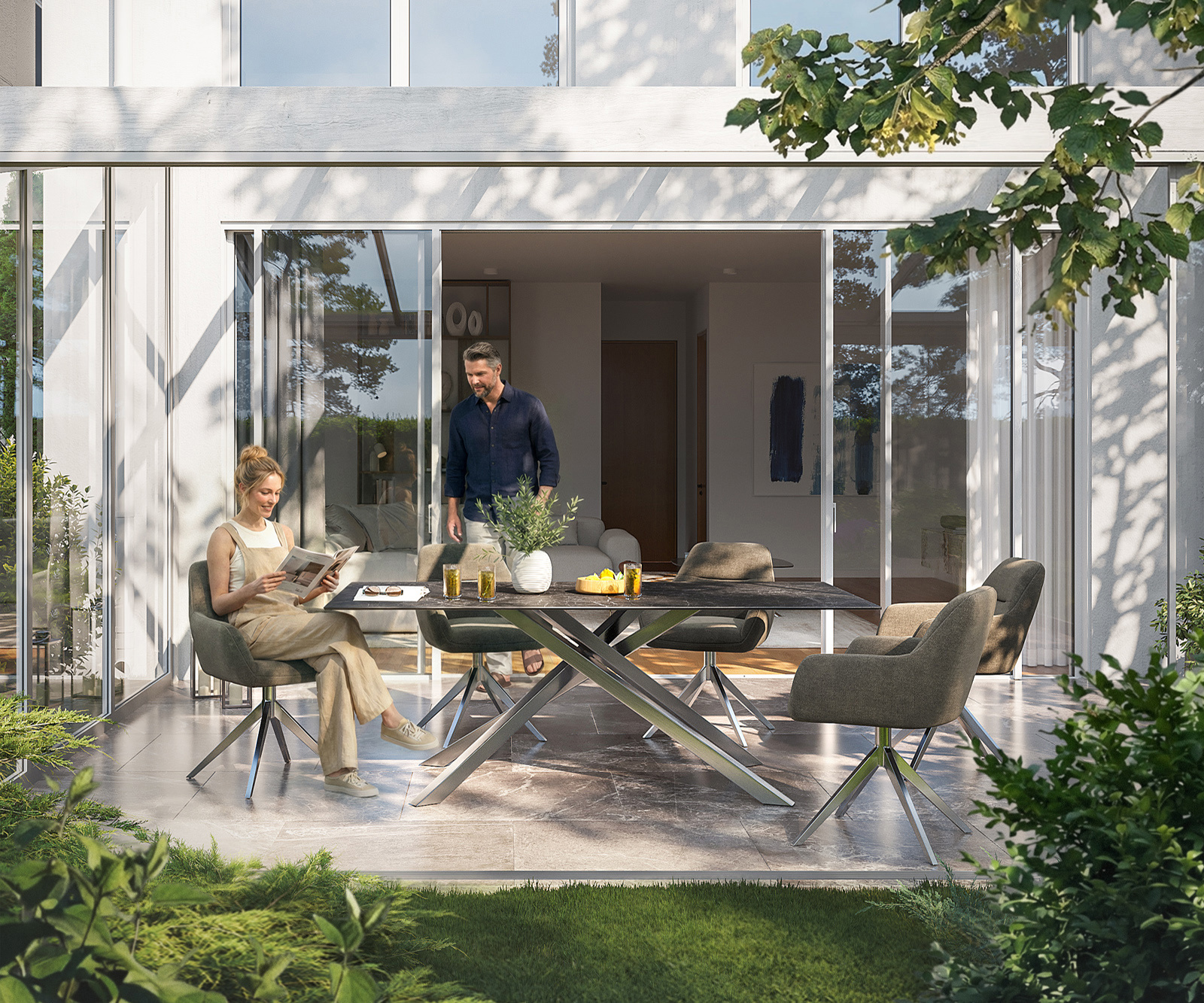 Záhradný stôl Edge 200x100 cm keramika Laminam® Nero Greco antracitová krížová podstava nerezová oceľ