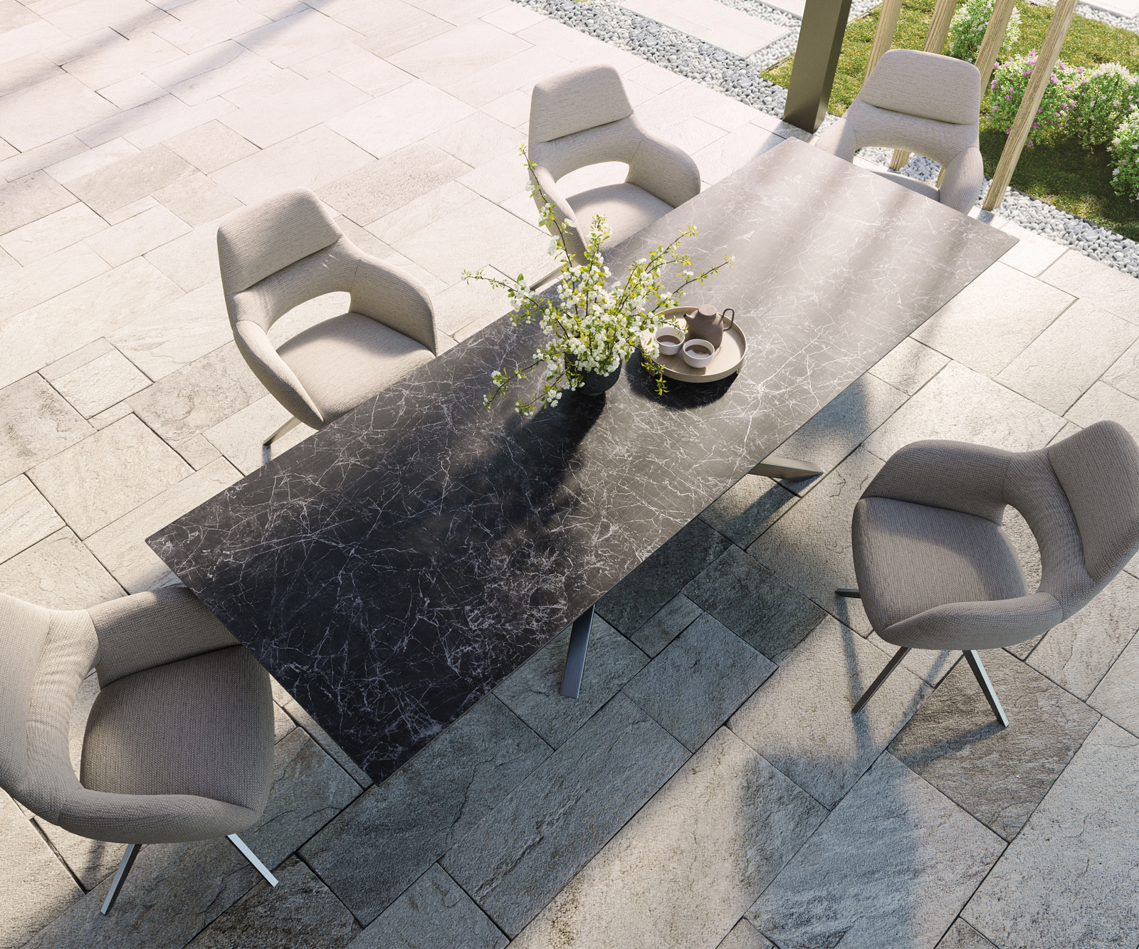 Záhradný jedálenský stôl Edge 300x100 cm keramika Laminam® Nero Greco antracitová krížová podstava nerezová oceľ - Image 4