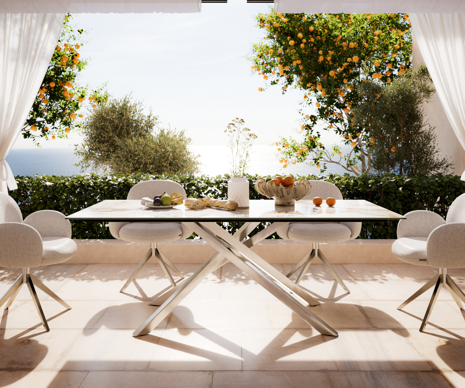 Záhradný jedálenský stôl Edge 200×100 cm keramika Minas melange bielo-béžová krížová podstava obdĺžnik nerezová oceľ