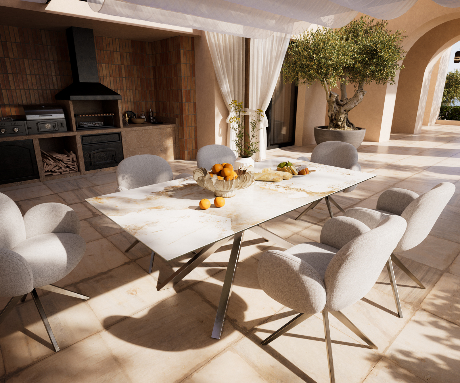 Záhradný jedálenský stôl Edge 200×100 cm keramika Minas melange bielo-béžová krížová podstava obdĺžnik nerezová oceľ - Image 2