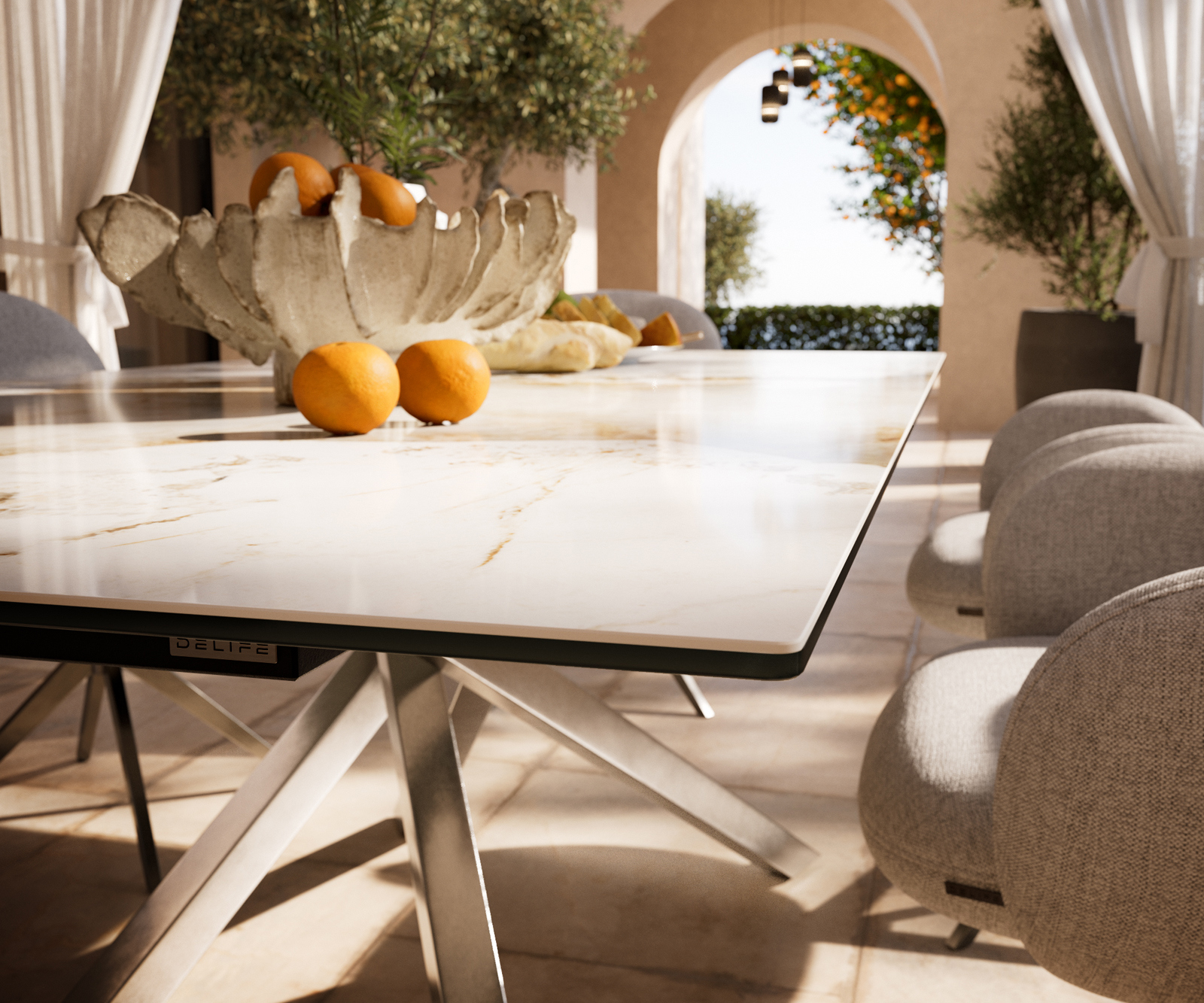 Záhradný jedálenský stôl Edge 200×100 cm keramika Minas melange bielo-béžová krížová podstava obdĺžnik nerezová oceľ - Image 4