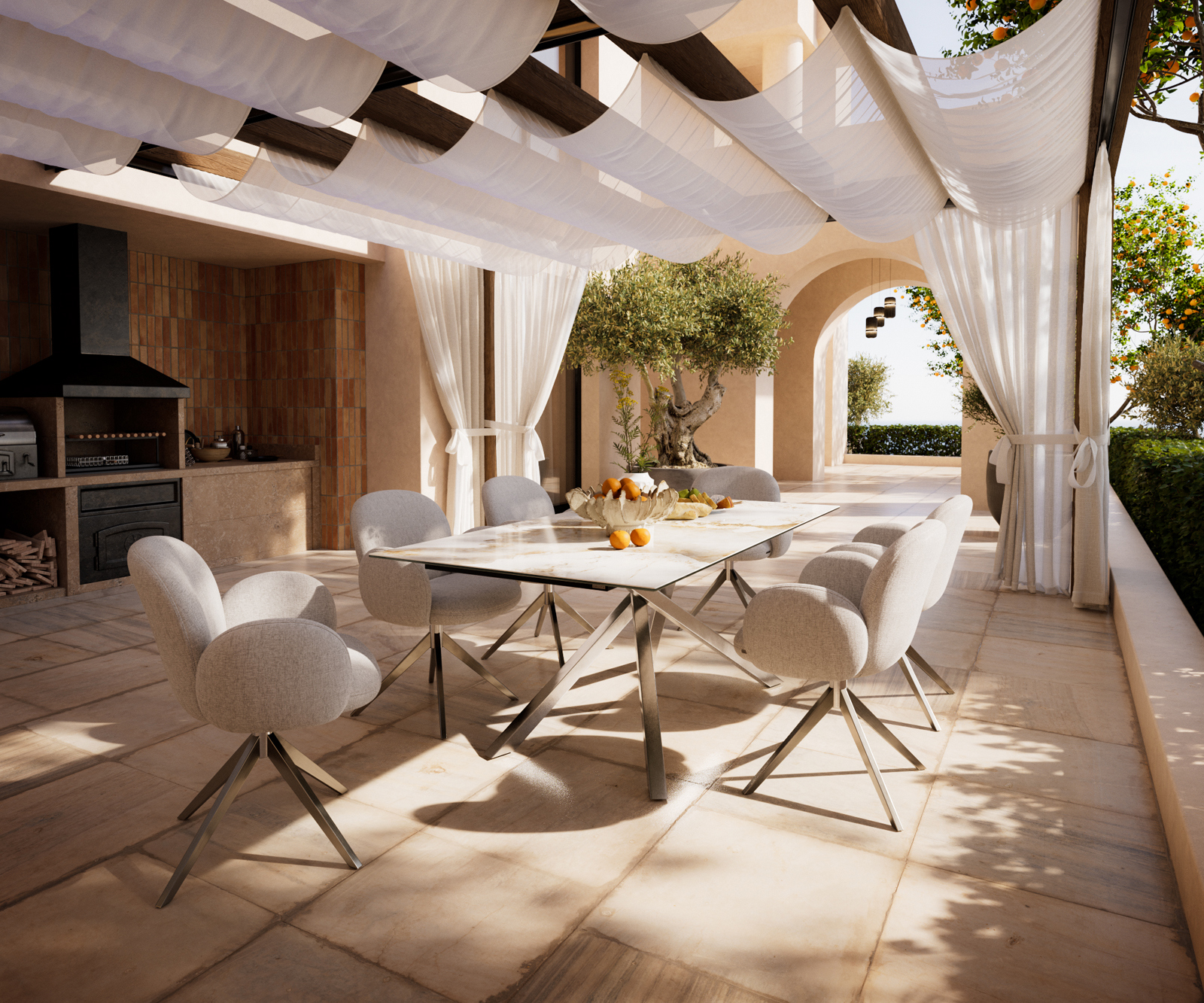 Záhradný jedálenský stôl Edge 200×100 cm keramika Minas melange bielo-béžová krížová podstava obdĺžnik nerezová oceľ - Image 7