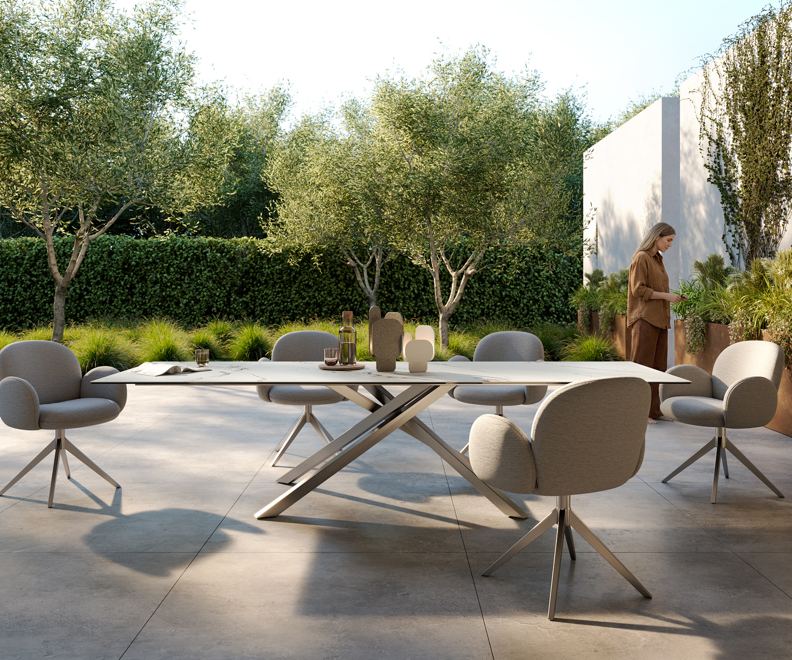 Záhradný jedálenský stôl Edge 300x100 cm keramika Calacatta Luxe bielo-zlato-šedá krížová podstava obdĺžnik nerezová oceľ - Image 2