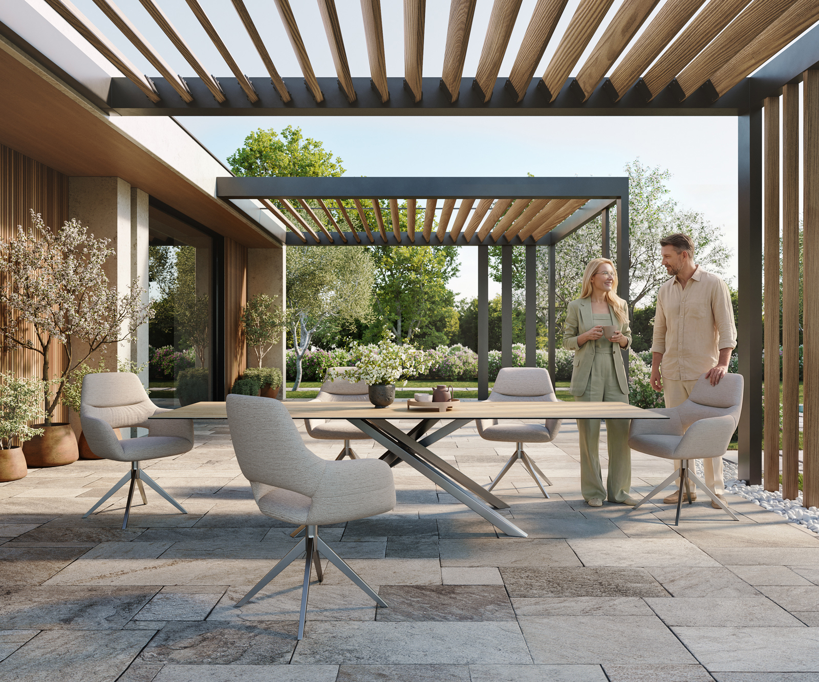 Záhradný jedálenský stôl Edge 300x100 cm keramika Laminam® sabbia dubová krížová podstava obdĺžnik nerezová oceľ - Image 2