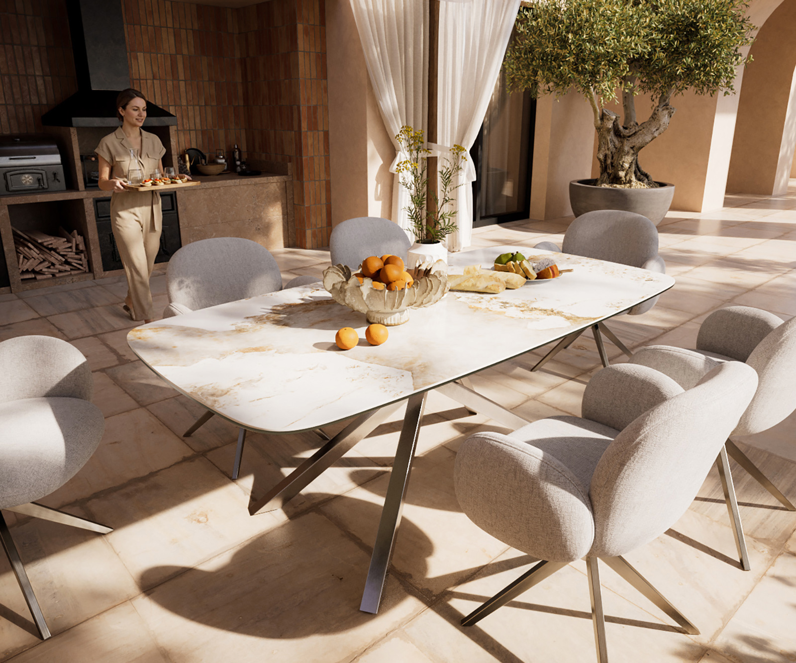 Záhradný stôl Edge zaoblený tvar 200x100 cm keramika Minas Melange bielo-béžová krížová podstava obdĺžniková nerezová oceľ