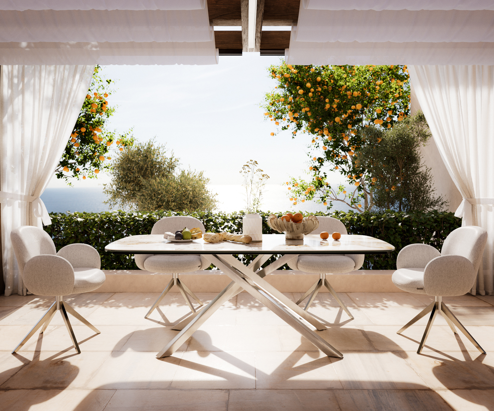 Záhradný stôl Edge zaoblený tvar 200x100 cm keramika Minas Melange bielo-béžová krížová podstava obdĺžniková nerezová oceľ - Image 2