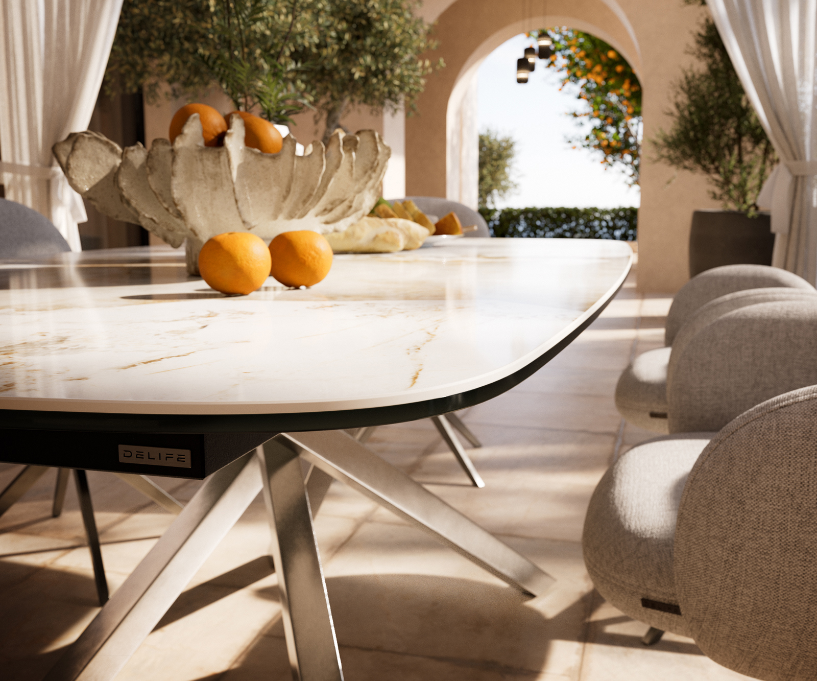 Záhradný stôl Edge zaoblený tvar 200x100 cm keramika Minas Melange bielo-béžová krížová podstava obdĺžniková nerezová oceľ - Image 4