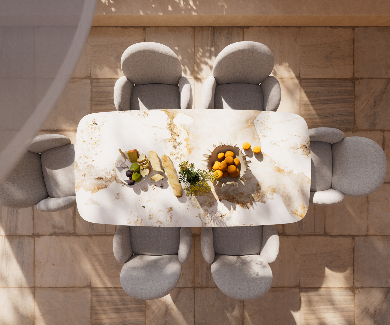 Záhradný stôl Edge zaoblený tvar 200x100 cm keramika Minas Melange bielo-béžová krížová podstava obdĺžniková nerezová oceľ - Image 6