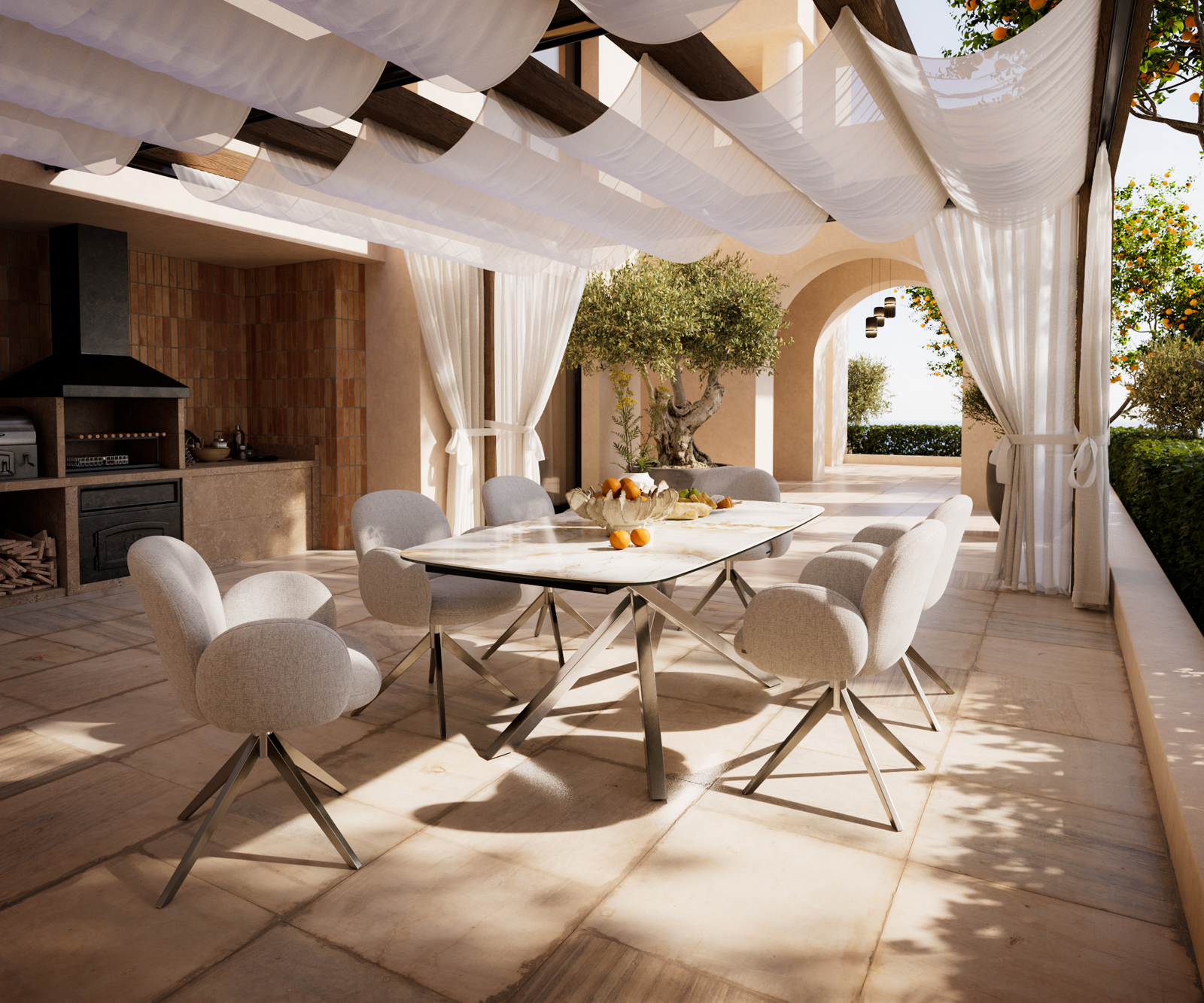 Záhradný stôl Edge zaoblený tvar 200x100 cm keramika Minas Melange bielo-béžová krížová podstava obdĺžniková nerezová oceľ - Image 7