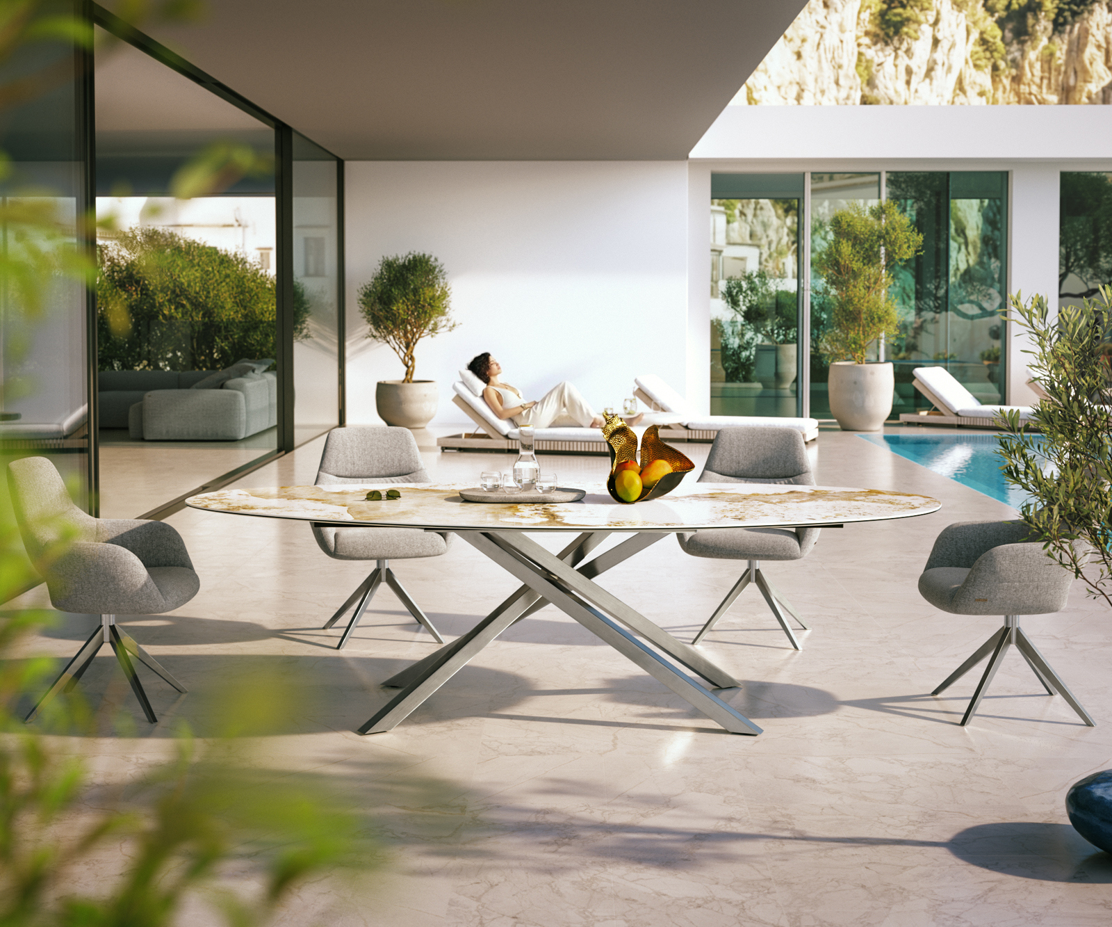 Záhradný stôl Edge oválny 280x130 cm keramika Minas Melange bielo-béžová krížová podstava obdĺžnik nerezová oceľ - Image 2