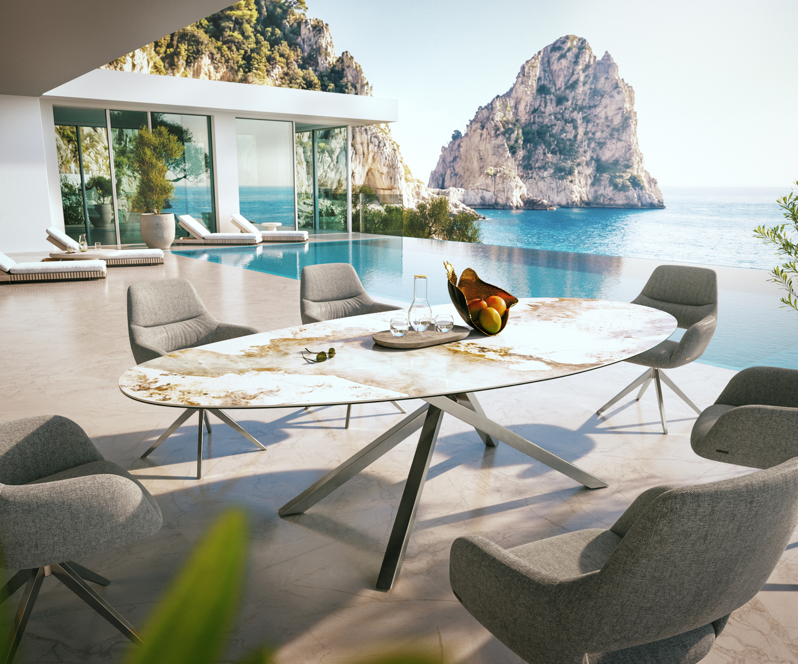 Záhradný stôl Edge oválny 280x130 cm keramika Minas Melange bielo-béžová krížová podstava obdĺžnik nerezová oceľ - Image 4