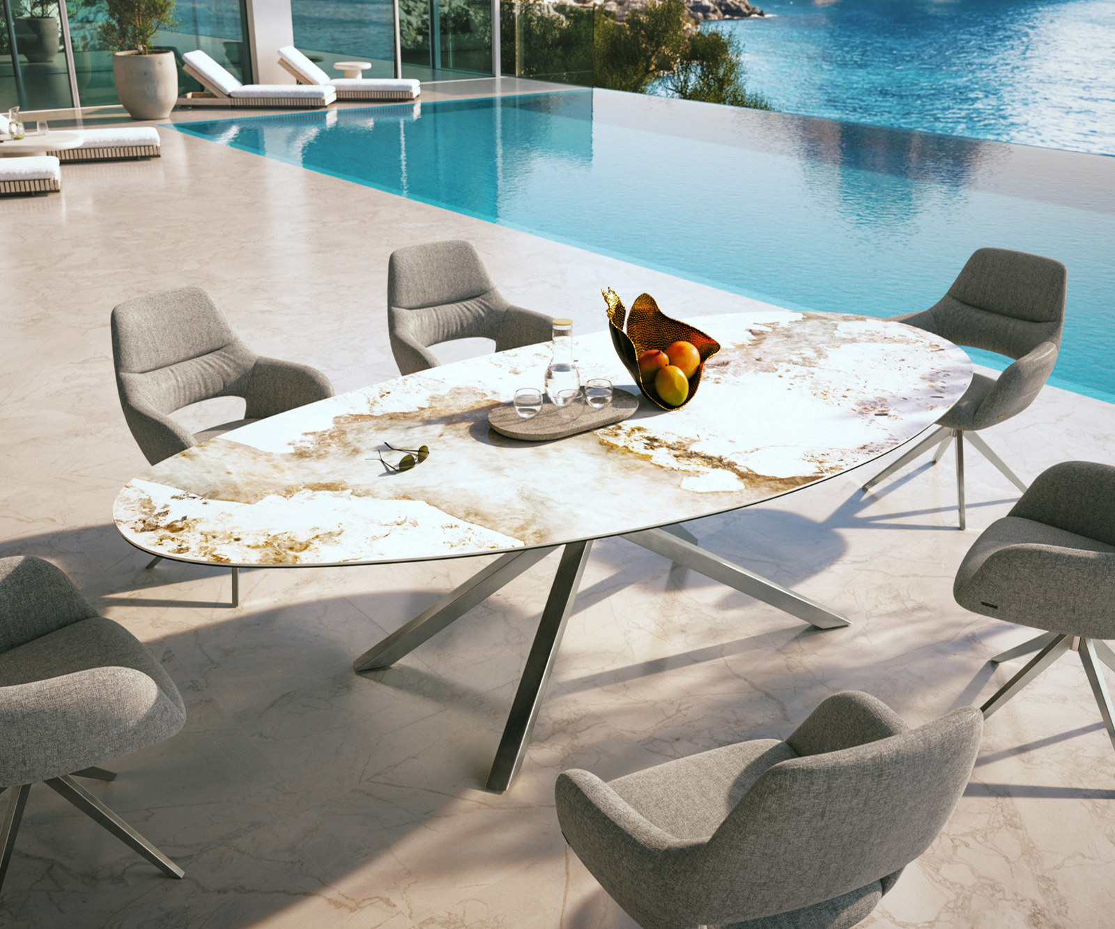 Záhradný stôl Edge oválny 280x130 cm keramika Minas Melange bielo-béžová krížová podstava obdĺžnik nerezová oceľ