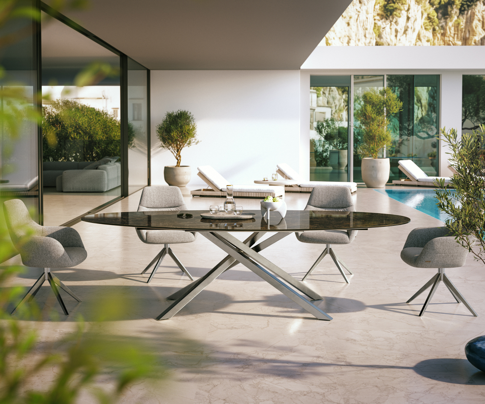 Záhradný jedálenský stôl Edge oválny 280x130 cm keramika Laminam® Emperador Extra Lucidato tmavohnedá krížová podstava obdĺžniková nerezová oceľ - Image 2