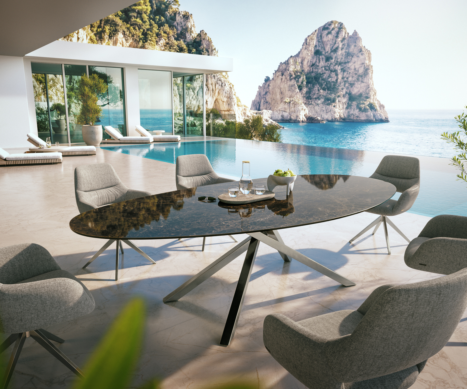 Záhradný jedálenský stôl Edge oválny 280x130 cm keramika Laminam® Emperador Extra Lucidato tmavohnedá krížová podstava obdĺžniková nerezová oceľ - Image 4