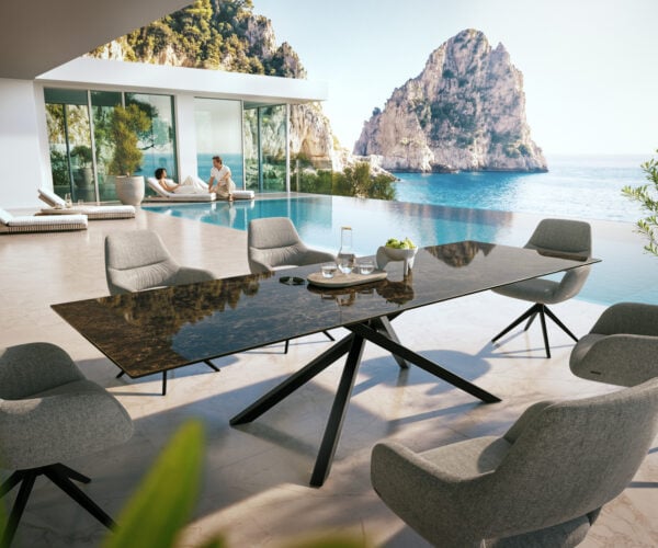 Záhradný jedálenský stôl Edge 300x100 cm keramika Laminam® Emperador Extra Lucidato tmavohnedá krížová podstava obdĺžnik čierna