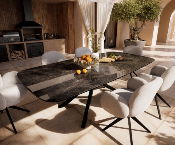 Záhradný jedálenský stôl Edge zaoblený 240x120 cm keramika Laminam® Emperador Extra Lucidato tmavohnedá krížová podstava obdĺžnik čierna