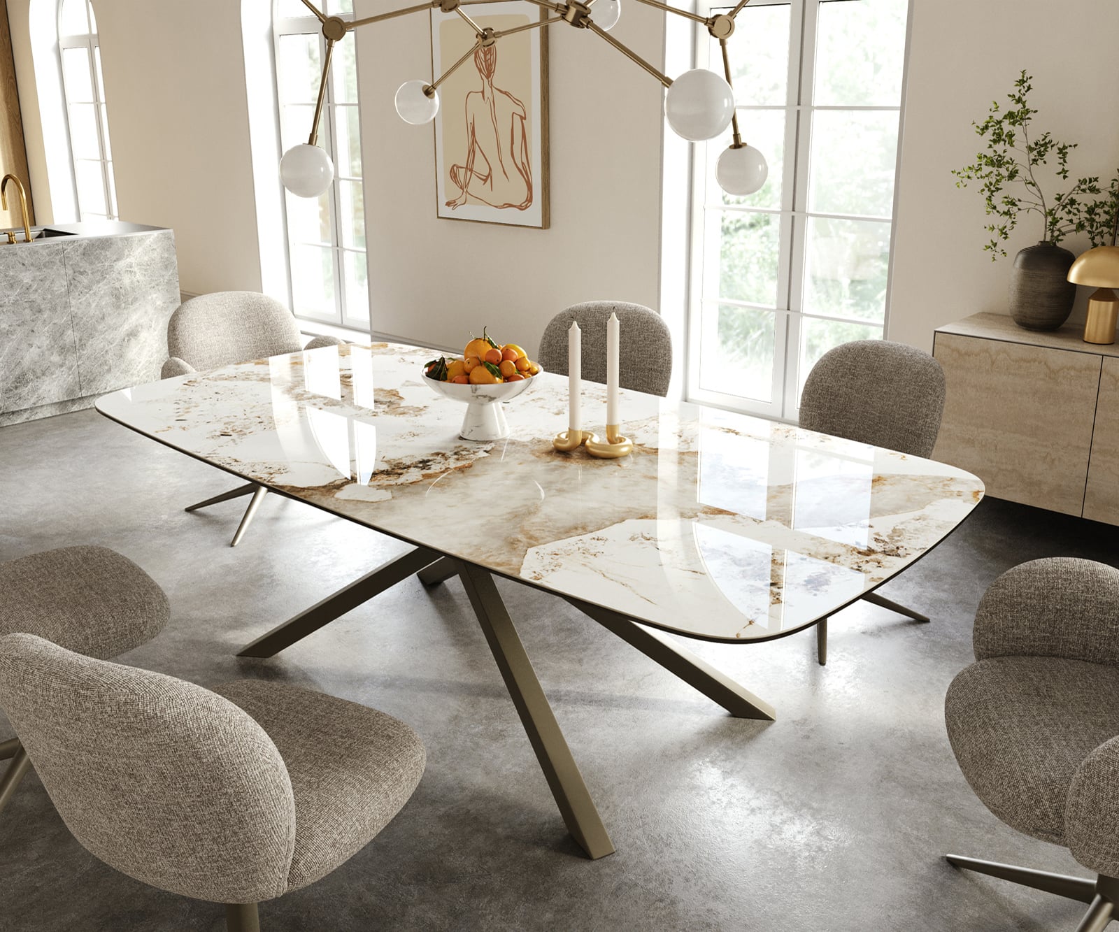 Jedálenský stôl Edge zaoblený 240×120 cm keramika Minas Melange bielo-béžová krížová podstava hranatý titánová farba