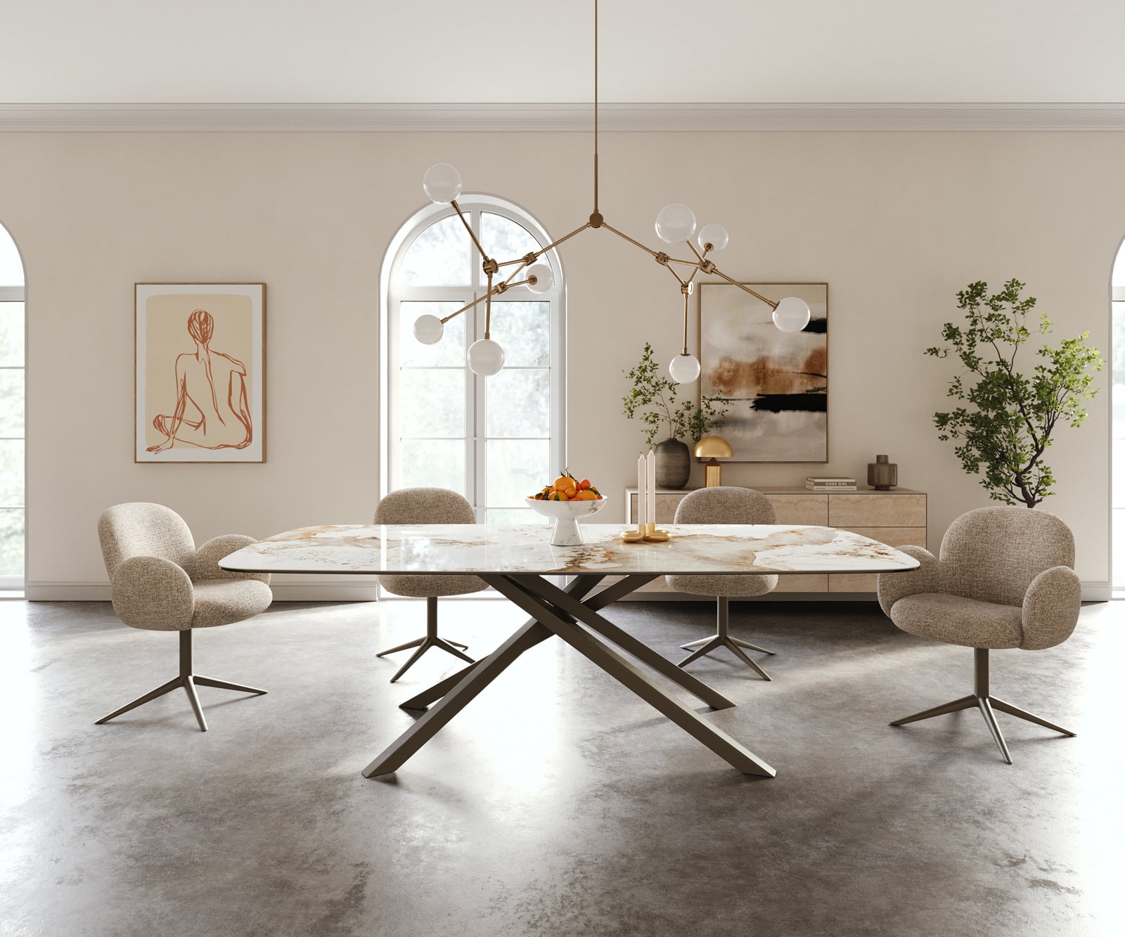 Jedálenský stôl Edge zaoblený 240×120 cm keramika Minas Melange bielo-béžová krížová podstava hranatý titánová farba - Image 2