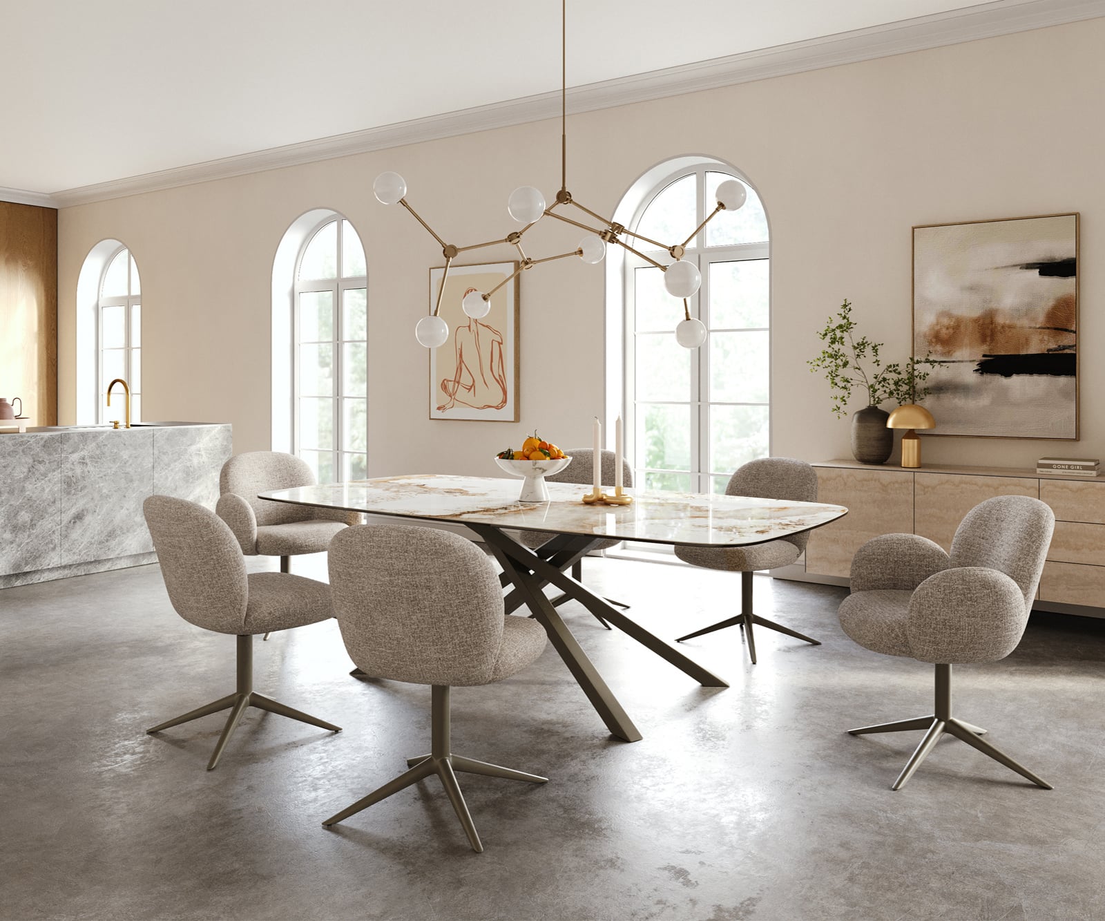 Jedálenský stôl Edge zaoblený 240×120 cm keramika Minas Melange bielo-béžová krížová podstava hranatý titánová farba - Image 6