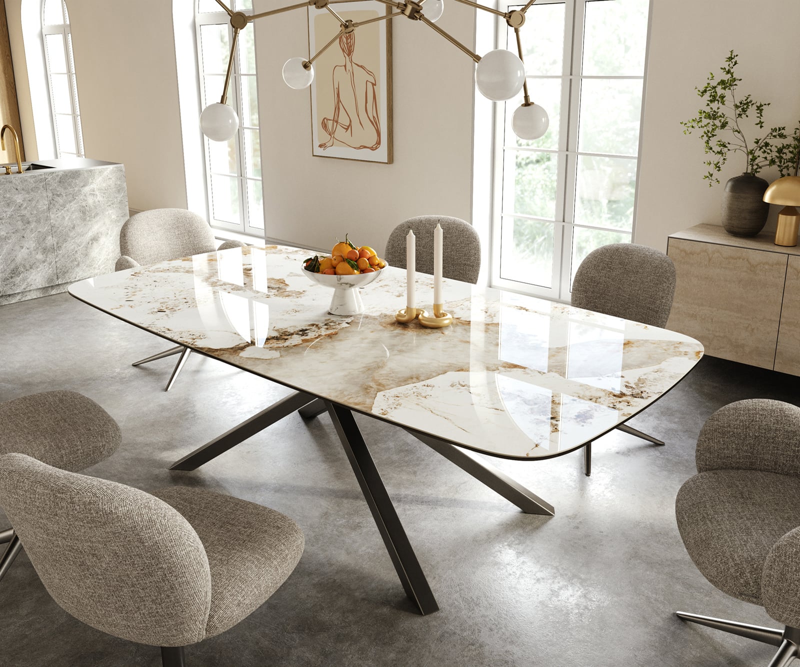 Jedálenský stôl Edge zaoblený 240×120 cm keramika Minas Melange bielo-béžová krížová podstava hranatý nerezová oceľ grafitová