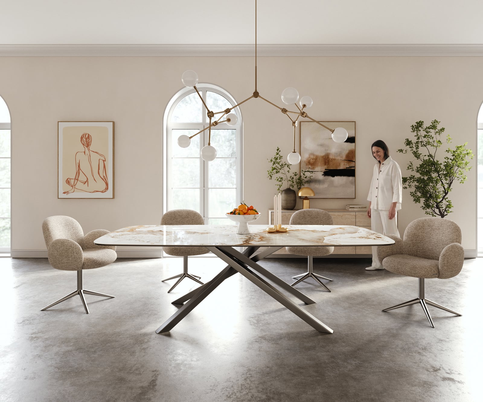 Jedálenský stôl Edge zaoblený 240×120 cm keramika Minas Melange bielo-béžová krížová podstava hranatý nerezová oceľ grafitová - Image 2