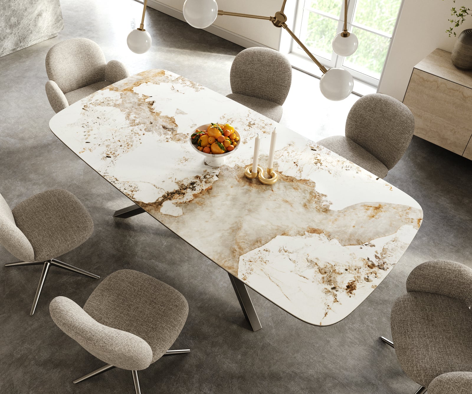 Jedálenský stôl Edge zaoblený 240×120 cm keramika Minas Melange bielo-béžová krížová podstava hranatý nerezová oceľ grafitová - Image 4