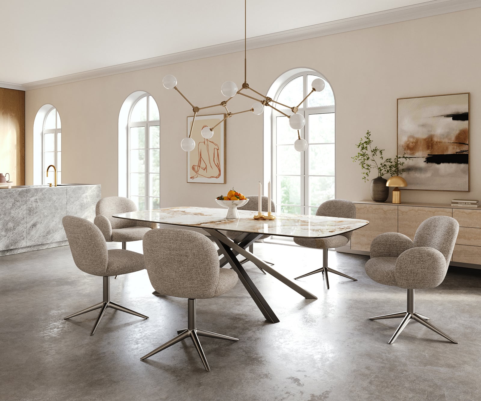 Jedálenský stôl Edge zaoblený 240×120 cm keramika Minas Melange bielo-béžová krížová podstava hranatý nerezová oceľ grafitová - Image 6