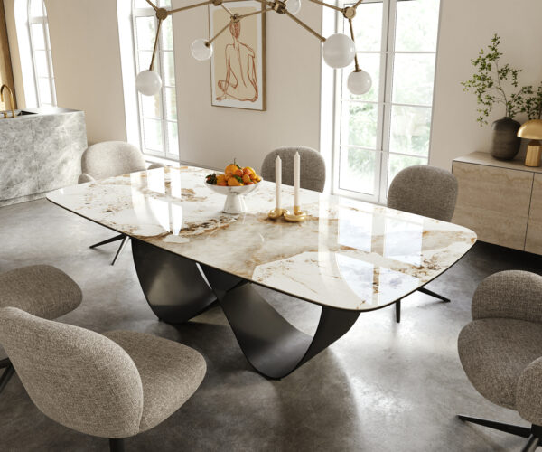 Jedálenský stôl Edge zaoblený 240×120 cm keramika Minas Melange bielo-béžová Infinity kov čierna