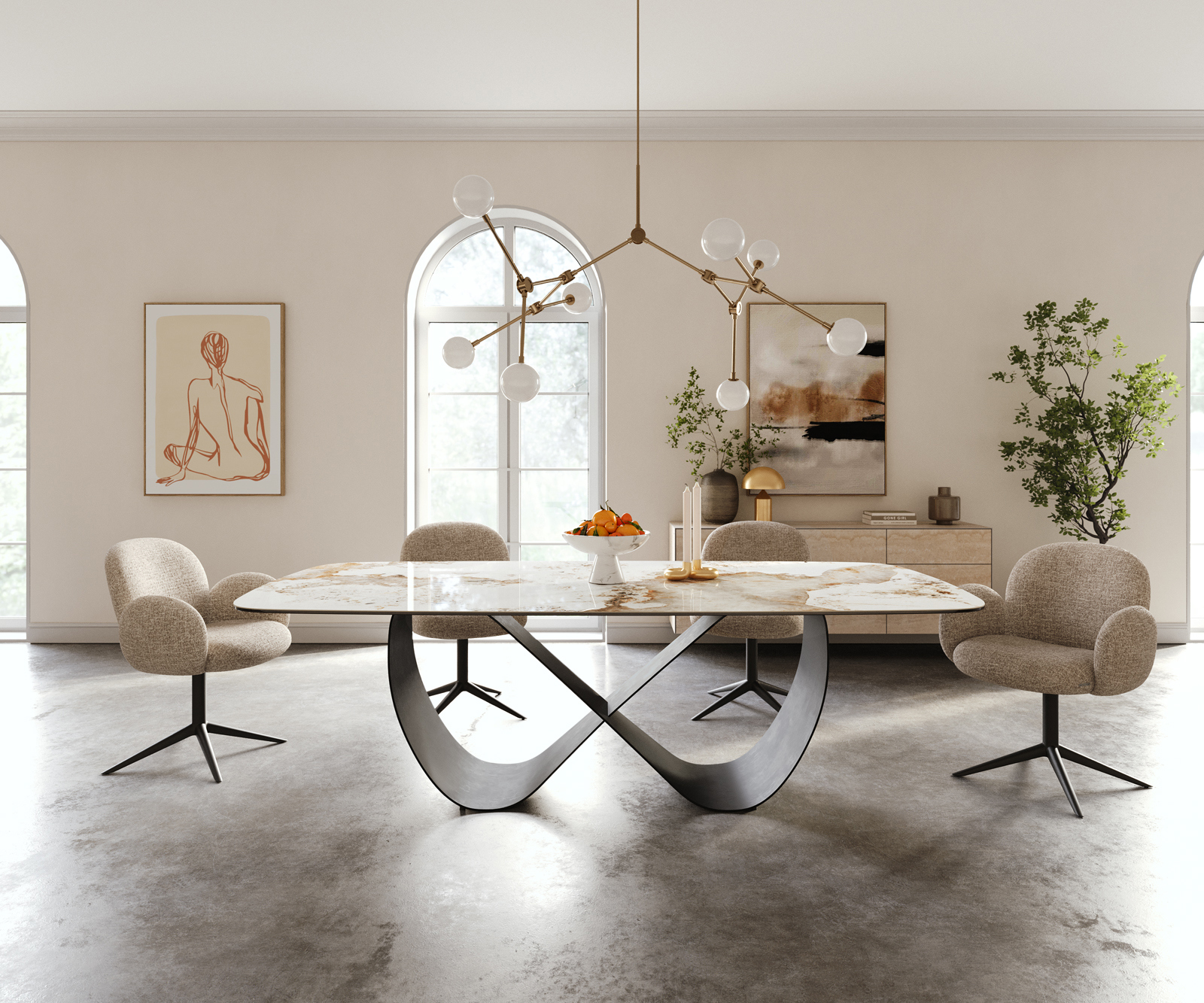 Jedálenský stôl Edge zaoblený 240×120 cm keramika Minas Melange bielo-béžová Infinity kov čierna - Image 2