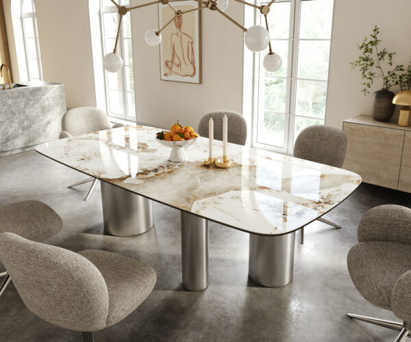 Jedálenský stôl Edge zaoblený 240×120 cm keramika Minas Melange bielo-béžová Troa nerezová oceľ kefovaná
