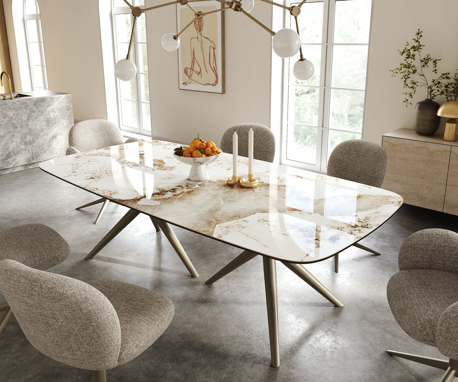 Jedálenský stôl Edge zaoblený 240×120 cm keramika Minas Melange bielo-béžová Estelar okrúhly kov titánová farba efekt