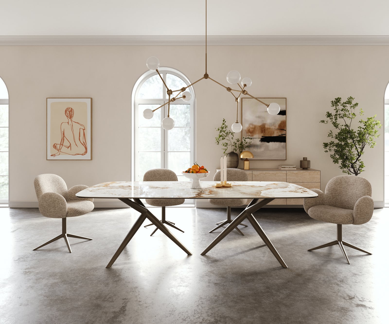 Jedálenský stôl Edge zaoblený 240×120 cm keramika Minas Melange bielo-béžová Estelar okrúhly kov titánová farba efekt - Image 2