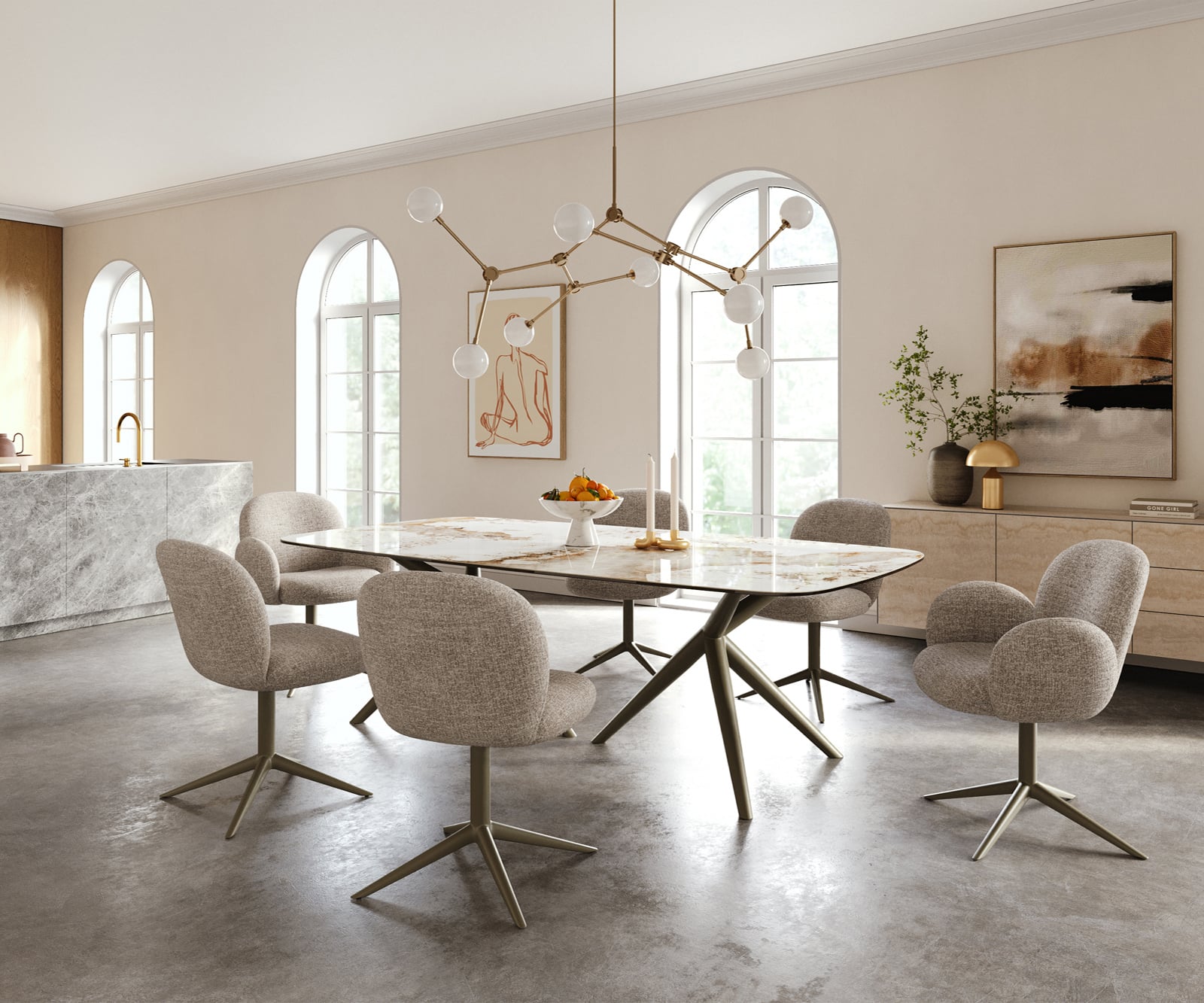 Jedálenský stôl Edge zaoblený 240×120 cm keramika Minas Melange bielo-béžová Estelar okrúhly kov titánová farba efekt - Image 6