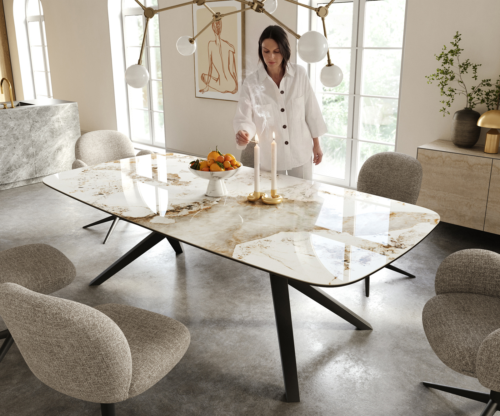 Jedálenský stôl Edge zaoblený 240×120 cm keramika Minas Melange bielo-béžová Zenthara hranatý kov čierna