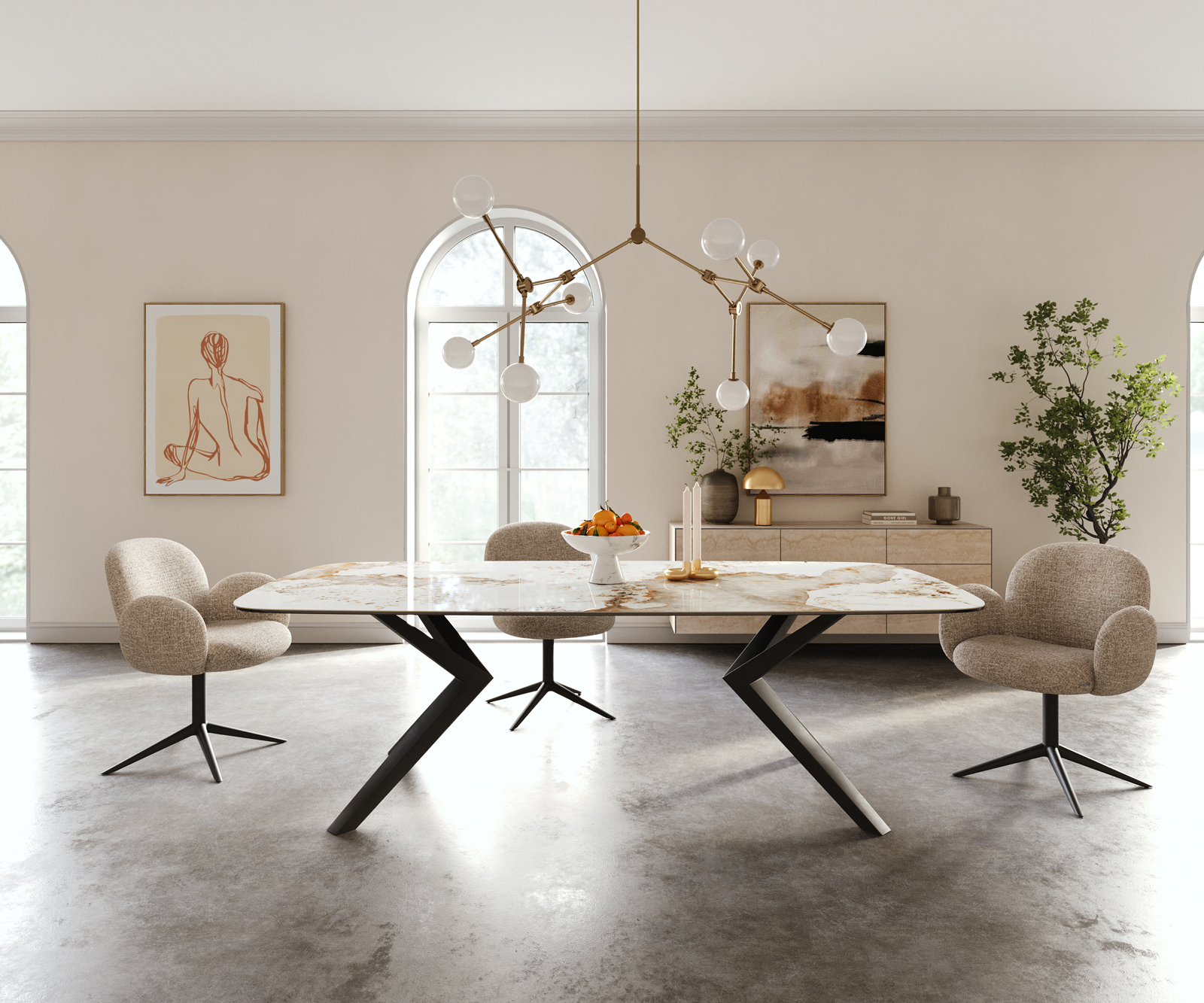 Jedálenský stôl Edge zaoblený 240×120 cm keramika Minas Melange bielo-béžová Zenthara hranatý kov čierna - Image 2